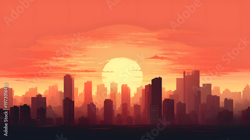 Silhouetted buildings under a warm sunset sky.