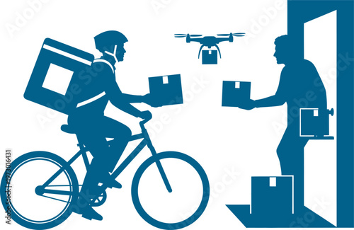 Modern logistics scene featuring bicycle delivery and drone shipping
