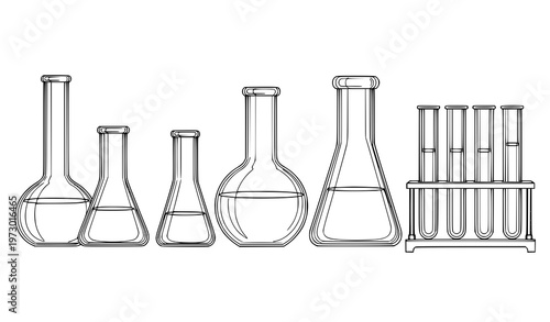 A set of laboratory glassware including beakers and test tubes in a vector illustration