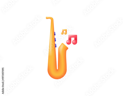 3D style illustration of a golden saxophone with musical notes. Wind instrument. World Music Day. Symbol, icon, element, 3D vector, white background