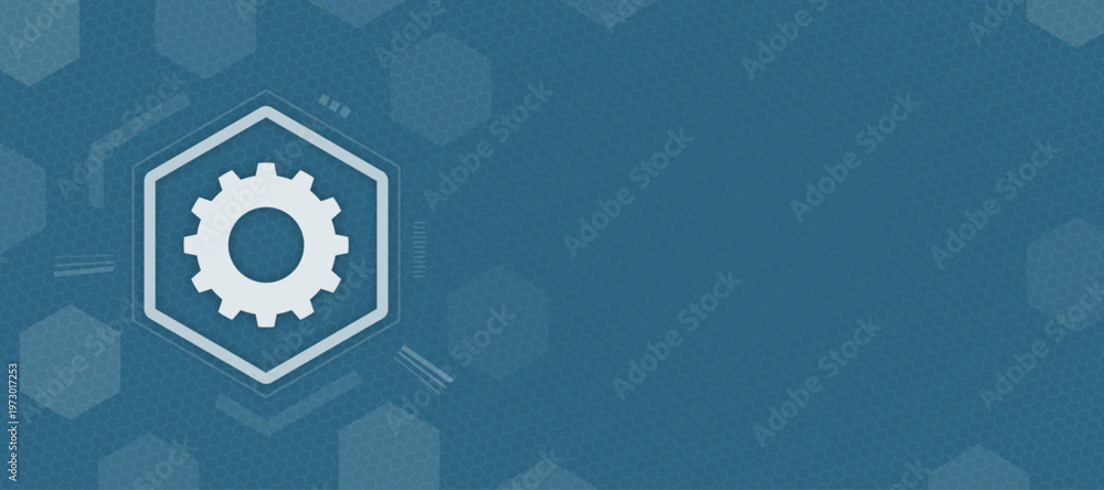 Obraz premium Abstract technology background featuring a white gear symbol centered in a hexagonal frame on a blue patterned surface with subtle digital UI elements for various technical