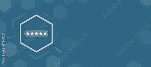 Abstract digital background with a central hexagon frame containing a five star rating icon, symbolizing customer satisfaction, feedback, quality review, and excellent service.