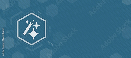 Digital magic wand icon symbol inside a hexagonal frame on a blue tech background representing creativity editing magic digital transformation tools vector illustration