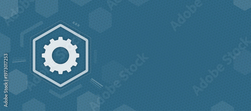 Abstract technology background featuring a white gear symbol centered in a hexagonal frame on a blue patterned surface with subtle digital UI elements for various technical