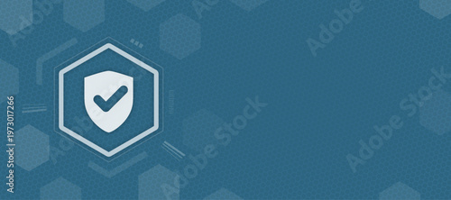 Abstract background featuring a digital security shield icon within a glowing hexagon structure representing cyber safety, data protection, and network encryption technology