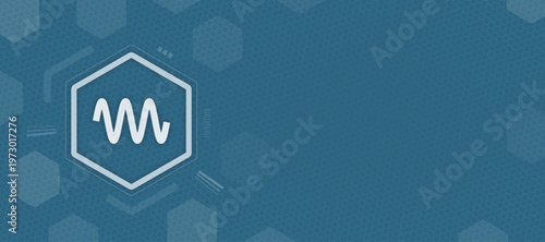 Abstract background featuring a central hexagonal icon with a waveform symbol surrounded by subtle technical geometric patterns and a deep blue honeycomb textured surface
