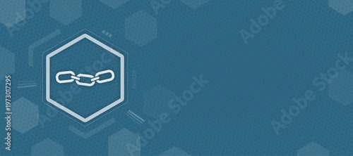 Abstract digital background featuring a chain icon inside a hexagon frame, symbolizing connectivity, network security, and data integrity in a modern technological concept.