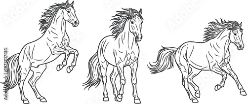 Horse Illustration Set Featuring Running, Jumping, and Galloping Horses in a Black and White Style for Animal and Wildlife Designs.
