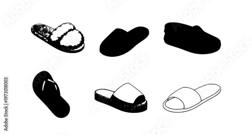 Cute cartoon house slipper icon set vector illustration with spa sandals and summer indoor shoes isolated on white