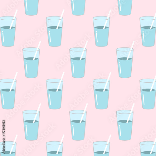 Seamless pattern of refreshing water glass with straw isolated on pink background, flat vector illustration for summer drinks and healthy lifestyle concept.