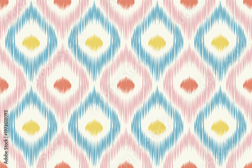 A vibrant and modern seamless ikat vector pattern featuring a playful palette of soft pink, pastel blue, and mustard yellow on a clean cream background.