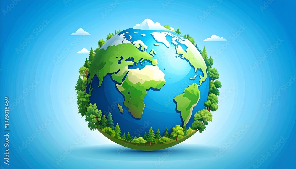 Naklejka premium Earth Globe with Lush Green Forest and Waterfall in Blue Sky Background for Environmental Protection and World Earth Day Concept