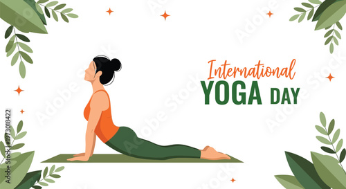 Flat vector illustration of a woman practicing cobra pose on a mat for International Yoga Day with green leaf frame.