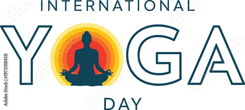 International Yoga Day banner featuring a silhouette of a person meditating in a lotus pose inside a vibrant orange sun.