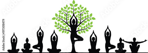 A group of people practicing various yoga poses in silhouette form, with a central figure in tree pose merging with a large green tree, symbolizing harmony with nature and inner peace.