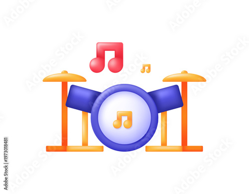 3D style illustration of a drum set, with a snare drum in the center flanked by cymbals and musical notes. Percussion instrument. World Music Day. Symbol, icon, element, 3D vector, white background