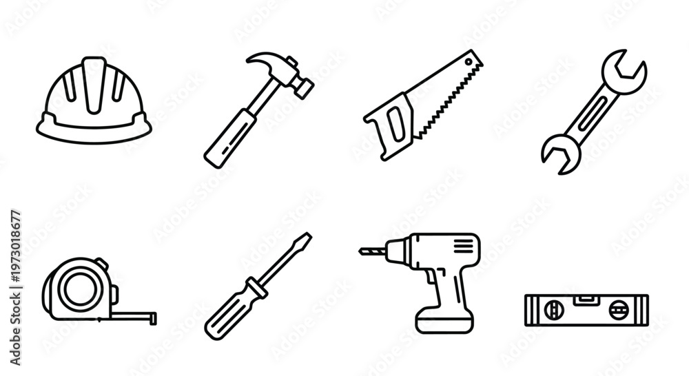 Fototapeta premium A collection of simple tools and household objects illustrated in black and white Vector