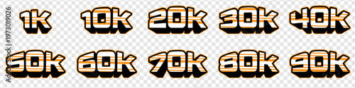 3D K Number Set with Orange Outline and Black Shadow, Cartoon Style Numeric Text Collection 1K to 90K