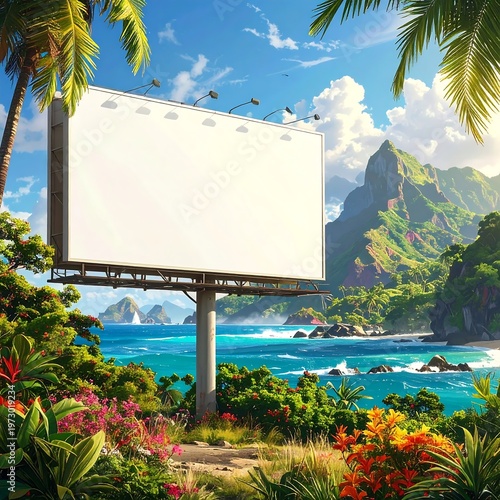A blank billboard in a tropical paradise with ocean and mountains