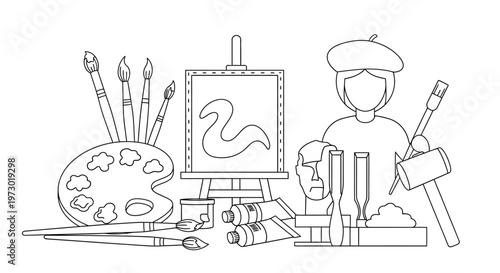 Painter with art supplies and canvas.