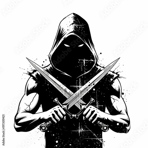 Mysterious hooded figure holding crossed swords, dark fantasy assassin silhouette