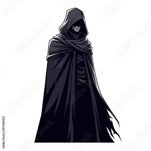 Mysterious hooded figure in dark cloak, shadowy, enigmatic, fantasy character