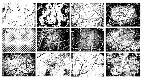Textures grunge cracked set with black and white abstract patterns, cracked paint effects, and distressed backgrounds for design elements.