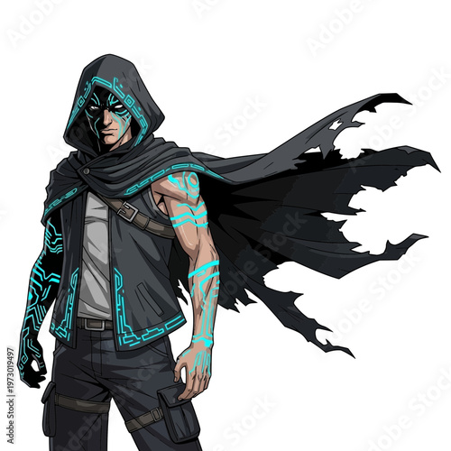 Mysterious hooded figure with glowing blue cybernetic tattoos and tattered cape