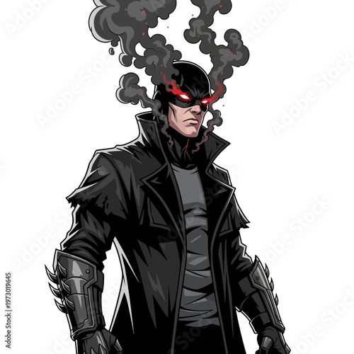 Superhero with glowing eyes and smoke from head, wearing black coat