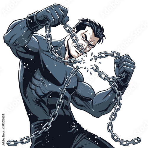 Superhero breaking chains with brute strength, comic book style illustration