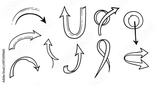 Arrows hand drawn set with black curved lines and pointed tips on white background for design and direction indicators