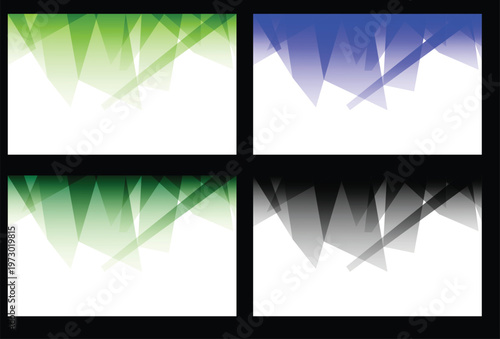 Abstract geometric backgrounds set with sharp overlapping triangles and crystal shapes in green blue and black colors for modern graphic design projects and presentation slides with copy space area