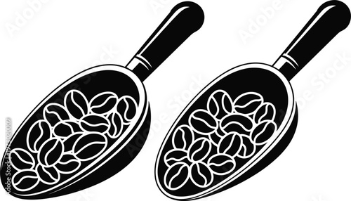 Coffee beans scoop silhouettes set, roasting beans vector illustration isolated black cafe ingredient collection design