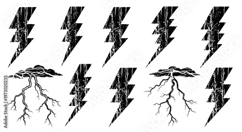 Lightning bolt vector set with black grunge effects and roots growing out, electric storm symbols. featuring electricity, weather, illustration