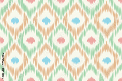 A refreshing and elegant seamless ikat vector pattern featuring a soft-toned palette of mint green, pastel peach, and light azure blue. 