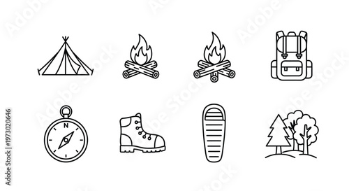 Various symbols and icons including a compass, hot air balloon and trees Vector
