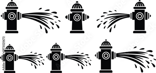 Fire hydrant spraying water silhouettes set, urban emergency equipment vector illustration isolated