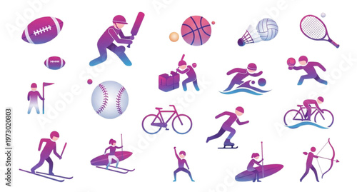 A colorful vector graphic illustration of various sports icons and athletes in action