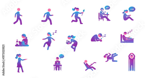 A vector graphic illustration of various people engaging in daily activities and emotions in a flat, minimalist design style.