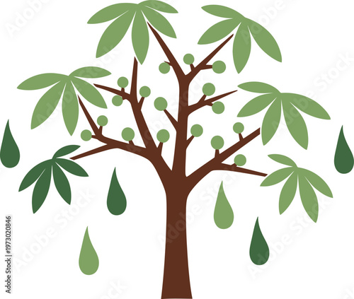 Flat Vector Illustration of a Rubber Tree with Green Leaves and Latex Drops Representing Natural Rubber Production and Sustainable Material Sourcing
