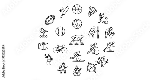 A collection of various sports icons and symbols in a circular arrangement