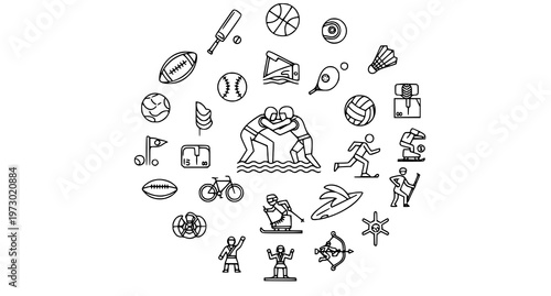 A minimalist vector graphic illustration of various sports icons and activities in a circular pattern