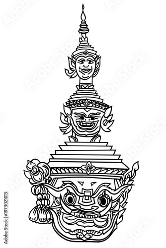 a multi-tiered ceremonial mask featuring fierce facial expressions, ornate patterns, and a pointed spire. Captures the craftsmanship of traditional Thai performing arts (Khon).