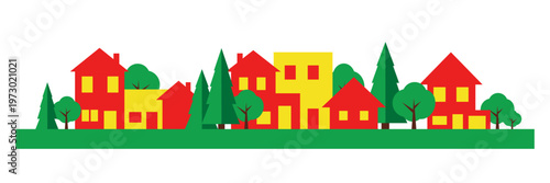 Colorful suburban neighborhood panorama with red houses, yellow buildings and green trees on grass, flat geometric town skyline illustration isolated on background