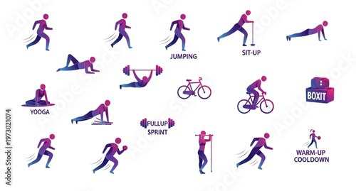 A vector graphic illustration of various fitness icons and exercises in a modern flat design style