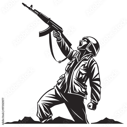 Military soldier vector illustration, brave infantryman holding rifle high in victory, black and white army warrior silhouette for patriotic designs