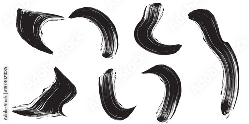 Set of Black Ink Brush Strokes on White Background.