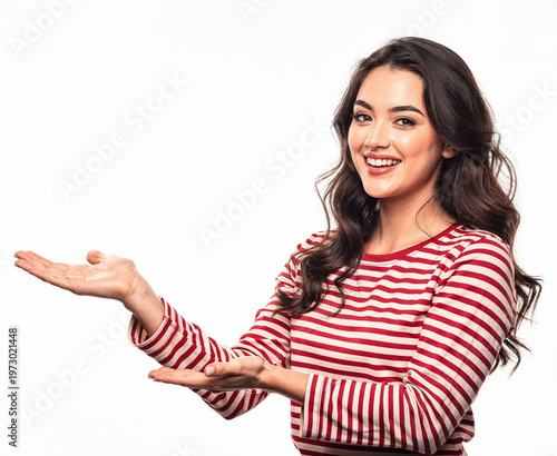 Woman presenting with empty hand gesture.