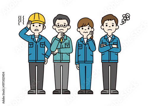 作業服を着たゼネコンで働く人々の、困る・考える表情・ポーズの全身ベクターイラスト素材セット