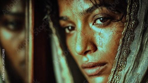 Candid portrait of Indian woman crying softly, realistic skin texture
